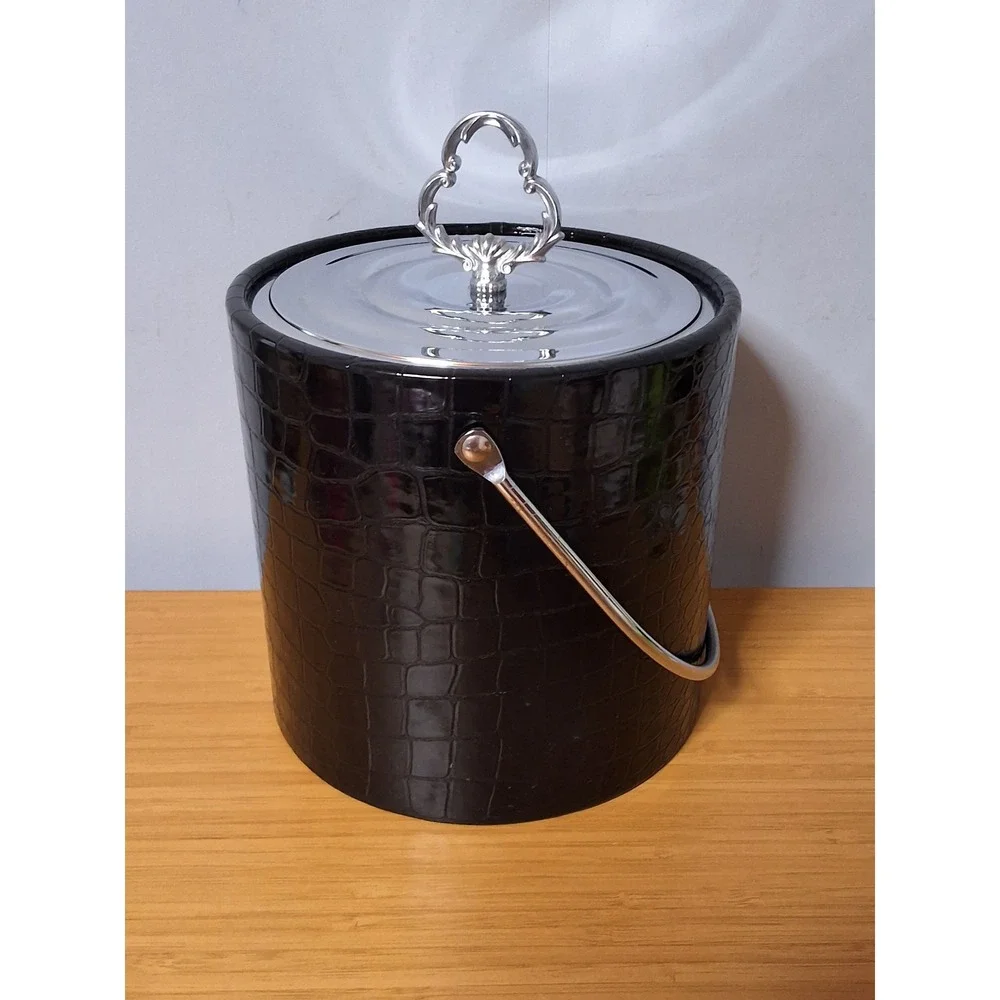 Vintage Irvinware Black Faux Crocodile Ice Bucket Chrome Lid Made in USA MCM